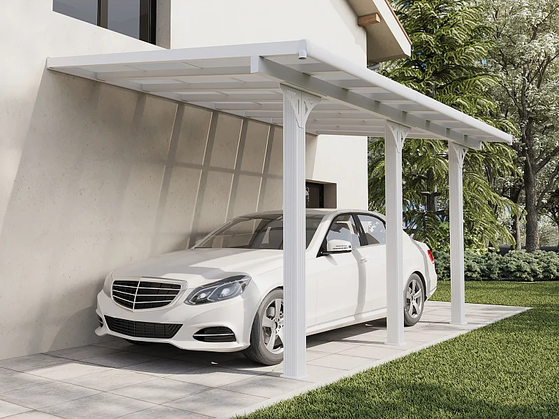 Carport pergola adossée en aluminium et toit polycarbonate - 15,13 m² - blanc - PAZERA