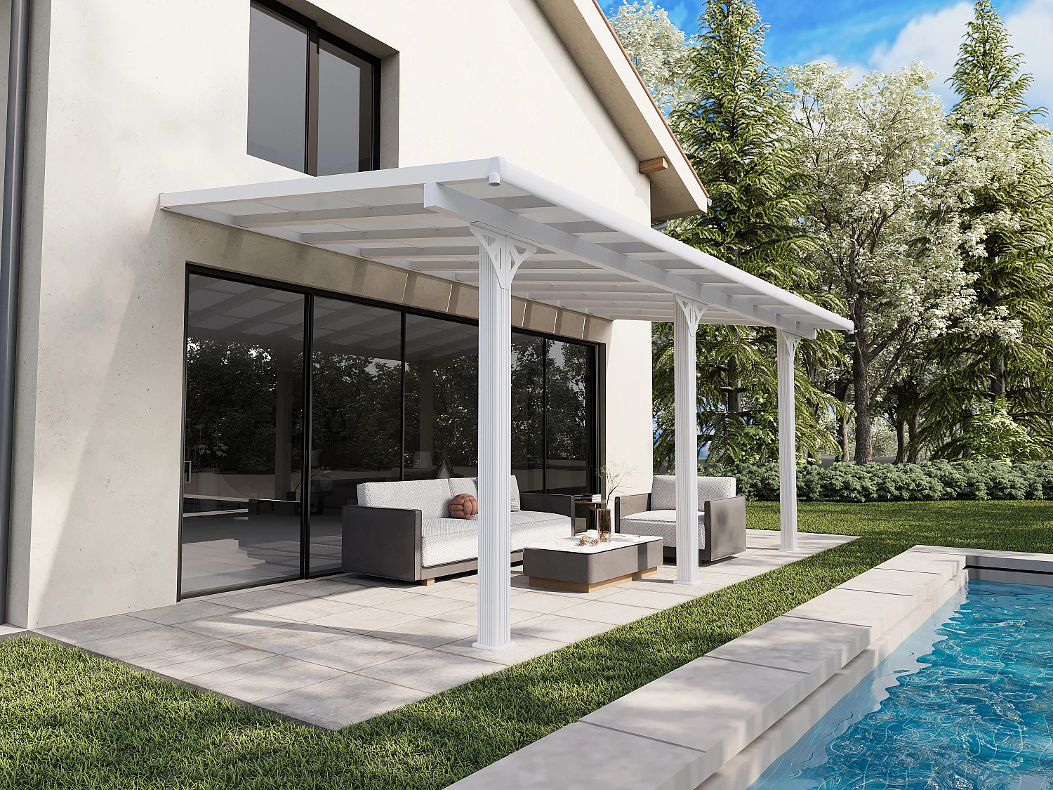 Carport pergola adossée en aluminium et toit polycarbonate - 18,54 m² - blanc - PAZERA
