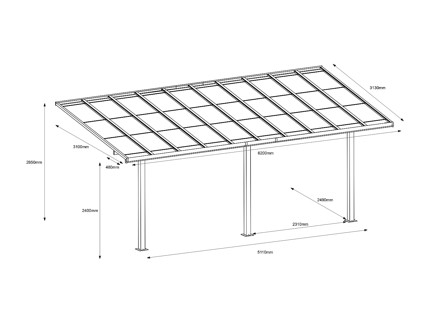 Carport pergola adossée en aluminium et toit polycarbonate - 18,54 m² - blanc - PAZERA