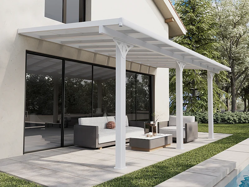 Carport pergola adossée en aluminium et toit polycarbonate - 18,54 m² - blanc - PAZERA