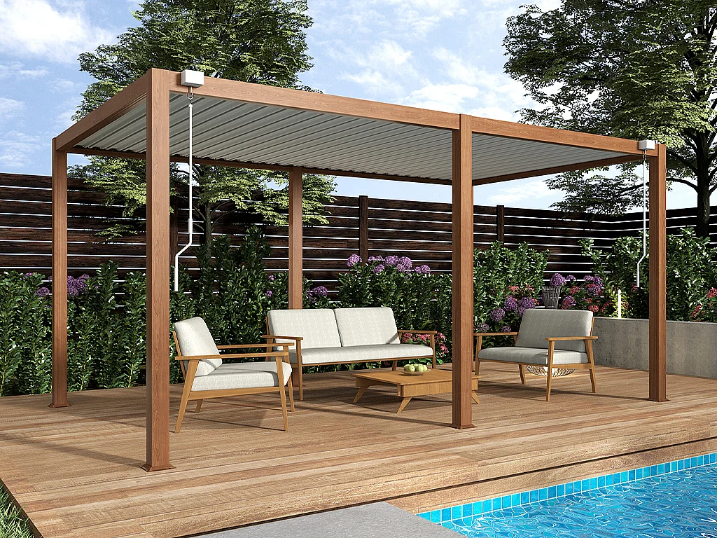 Pergola bioclimatique autoportante en aluminium avec lames orientables - 15 m² - naturel foncé - AMALFI