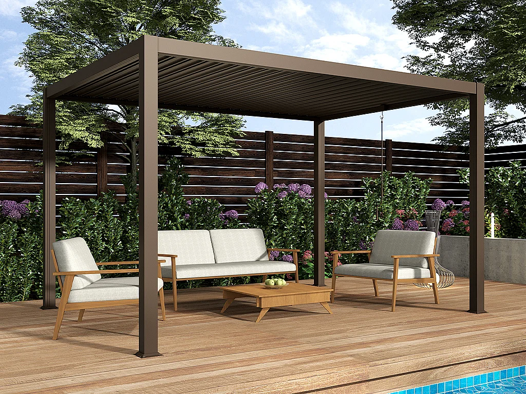 Pergola bioclimatique autoportante  en aluminium avec lames orientables -  12 m² - taupe - AMALFI