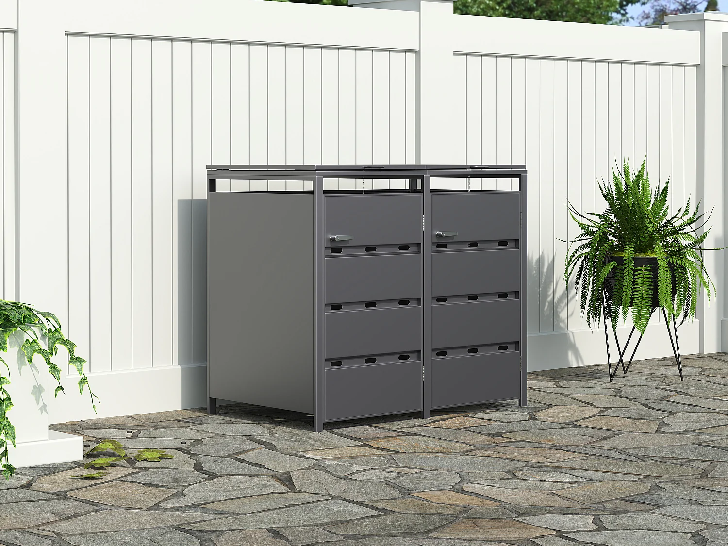 Abdeckung für Mülltonnen aus verzinktem Stahl Anthrazitgrau - 0,6 mm - Für 2 Mülltonnen à 240 L - 132 x 80 x 116 cm - LOKAFA