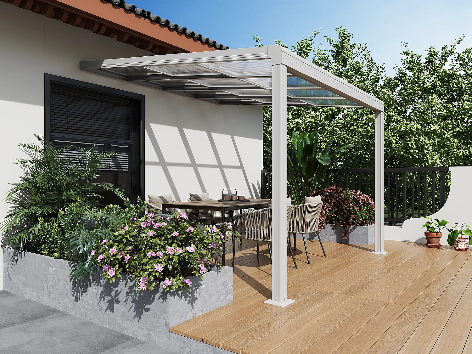 Pergola adossée en aluminium avec toit coulissant - 9 m² - blanc - IZEDA
