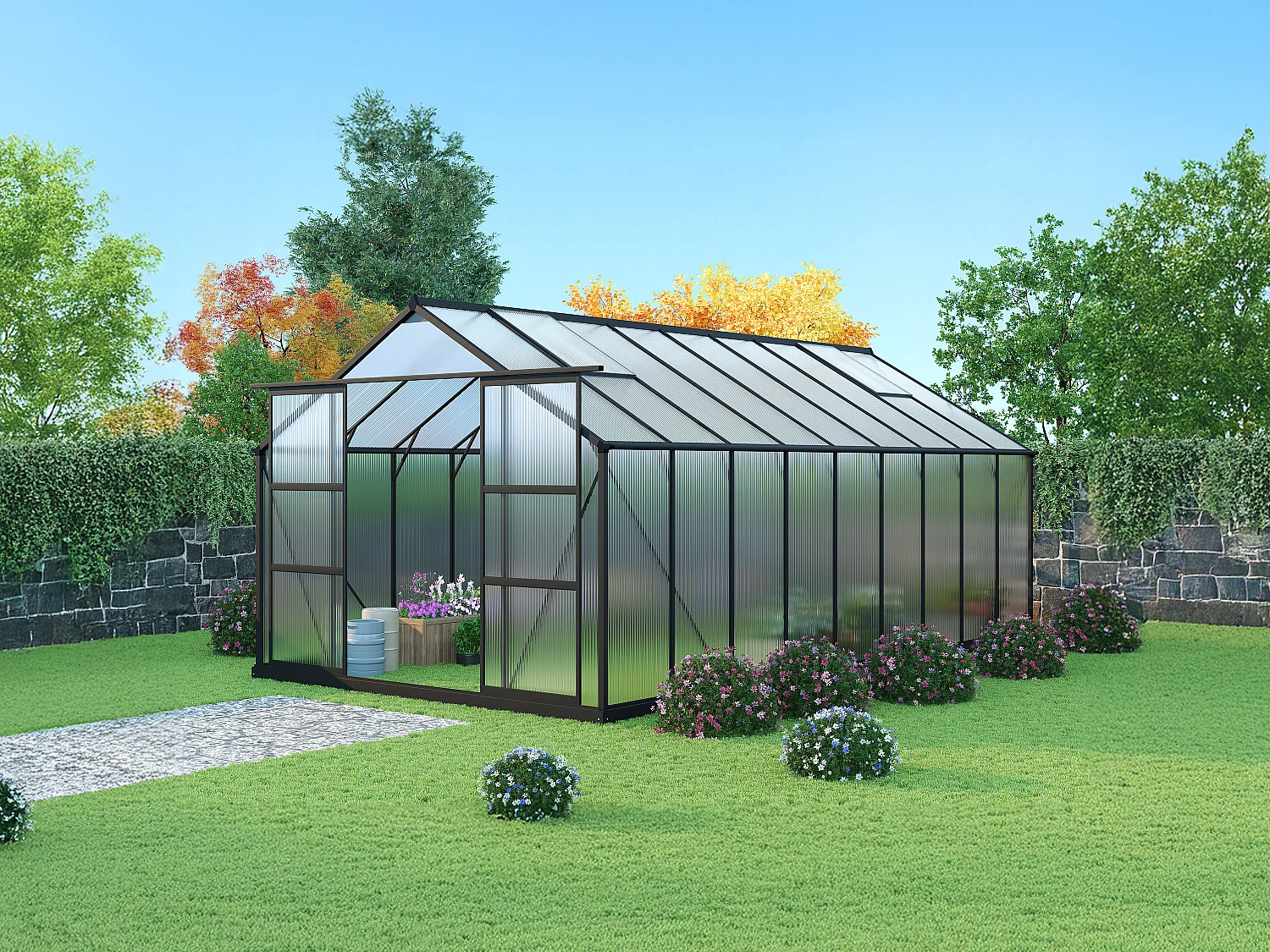 Serre de Jardin en polycarbonate de 16,9 m² avec embase - Anthracite -  IXORA