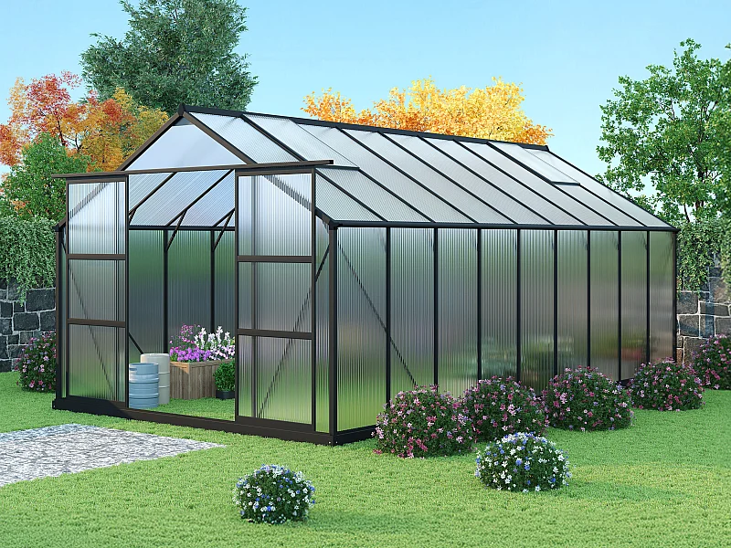 Serre de Jardin en polycarbonate de 16,9 m² avec embase - Anthracite -  IXORA
