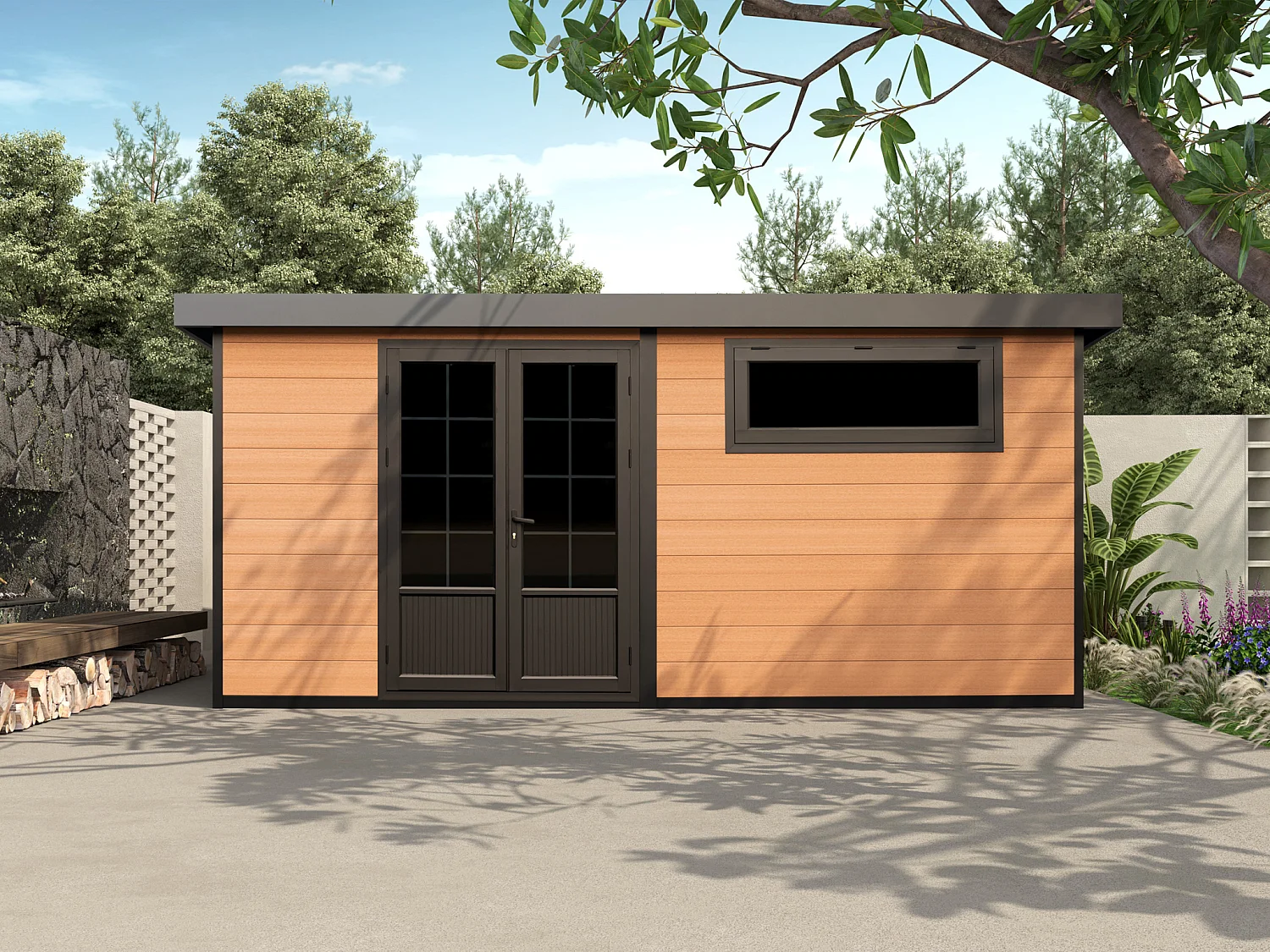 Abri de jardin en bois composite 28 mm - parois réversibles - gris anthracite ou naturel foncé - 17,25 m² - HAZELTON