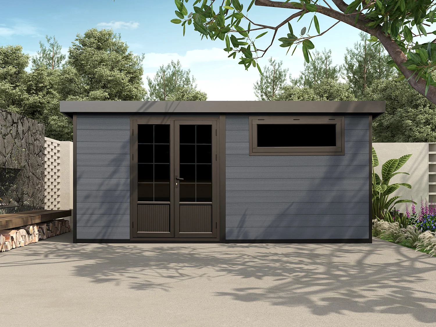 Abri de jardin en bois composite 28 mm - parois réversibles - gris anthracite ou naturel foncé - 17,25 m² - HAZELTON