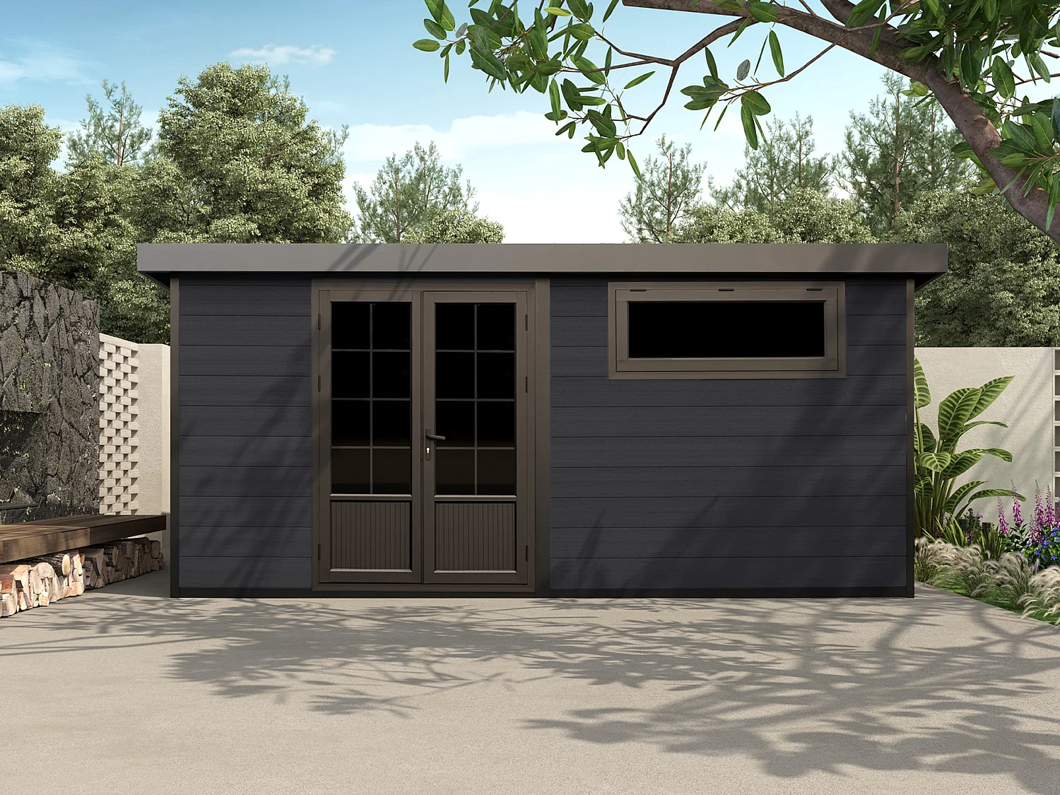 Tuinhuis van composiethout 28 mm - omkeerbare wanden - antracietgrijs of donker naturel - 17,25 m² - HAZELTON