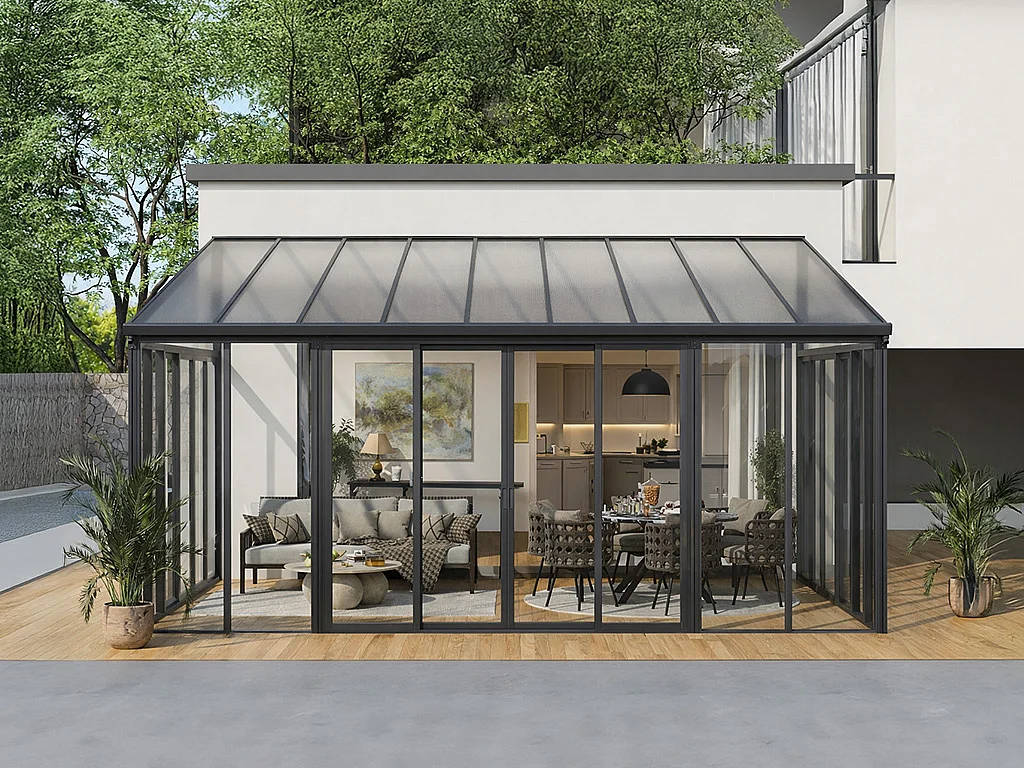 Véranda en aluminium et polycarbonate avec protection UV - 20,9 m² - anthracite - MATHILDA