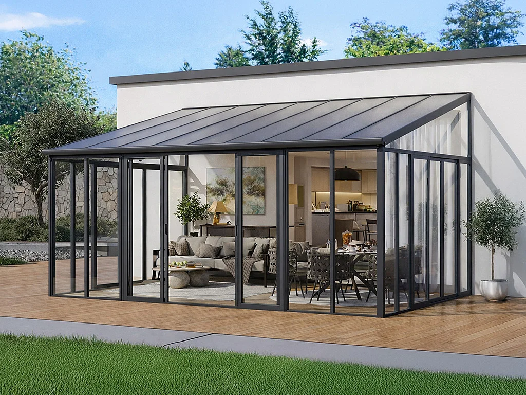 Véranda en aluminium et polycarbonate avec protection UV - 20,9 m² - anthracite - MATHILDA