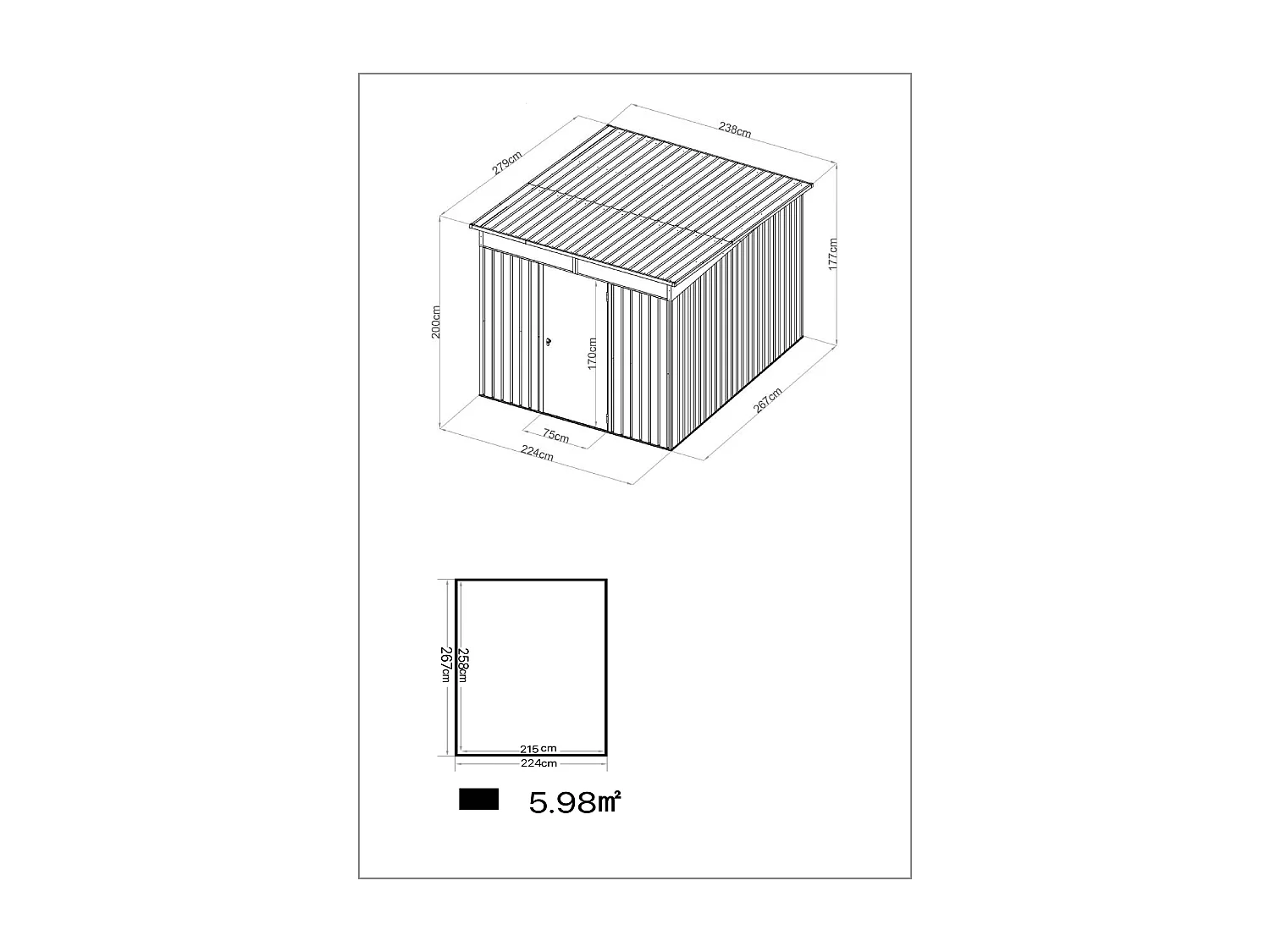 Abri de jardin métal en acier galvanisé - 0,4 mm - gris anthracite 6,6 m² - CLAFTON