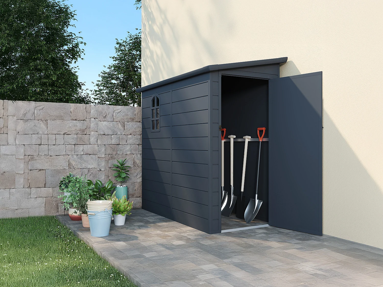 Abri de jardin en résine adossé gris anthracite 2,09 m² ALBERTO