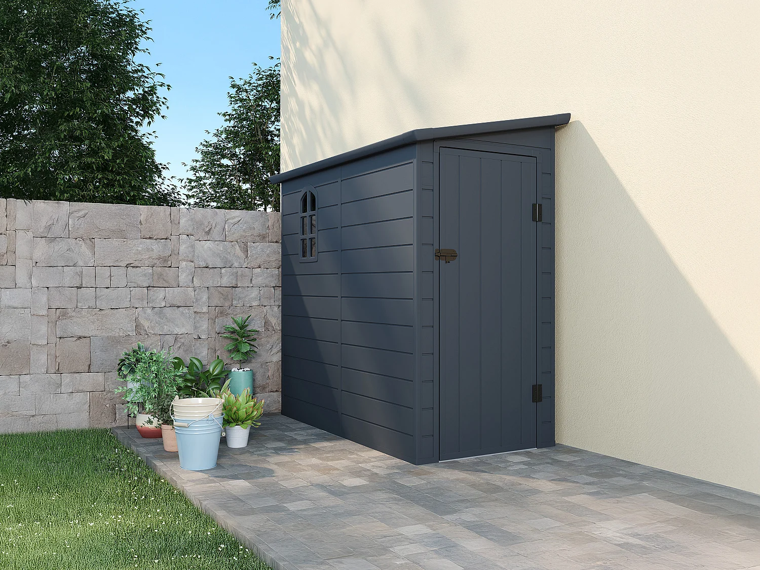 Abri de jardin en résine adossé gris anthracite 2,09 m² ALBERTO
