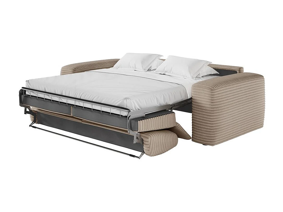 Canapé PACO convertible 3 places couchage quotidien 140x190cm matelas 17cm velours côtelé taupe