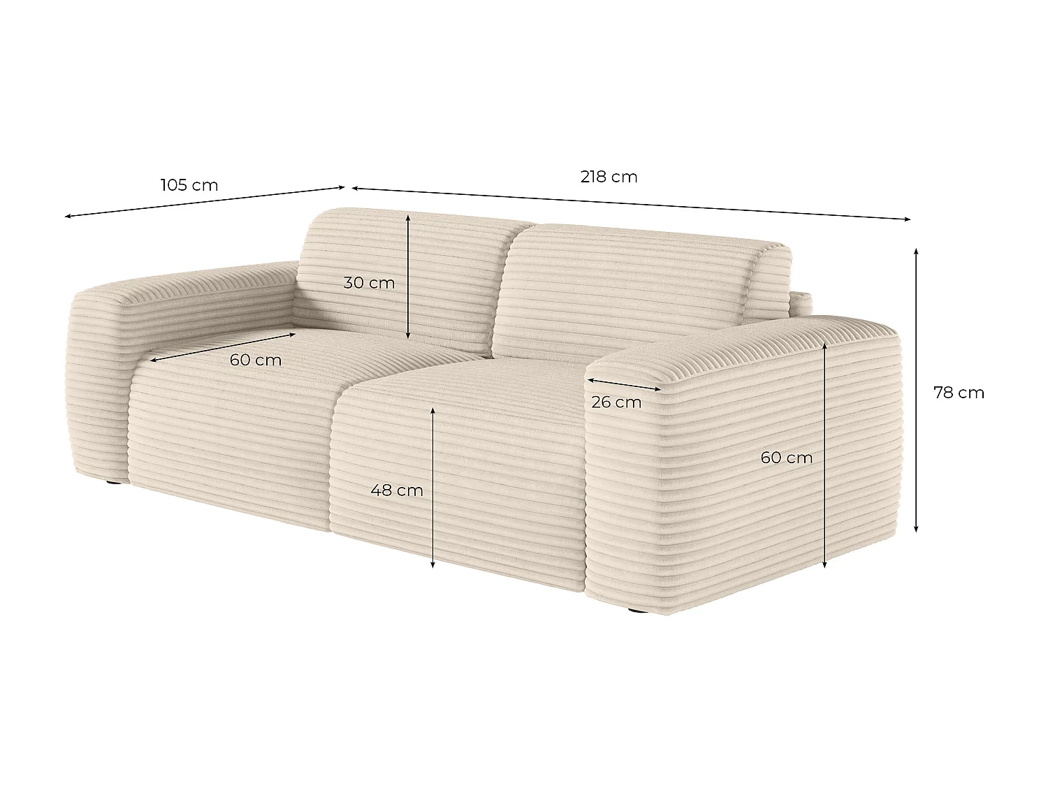 Canapé PACO convertible 3 places couchage quotidien 140x190cm matelas 17cm velours côtelé taupe