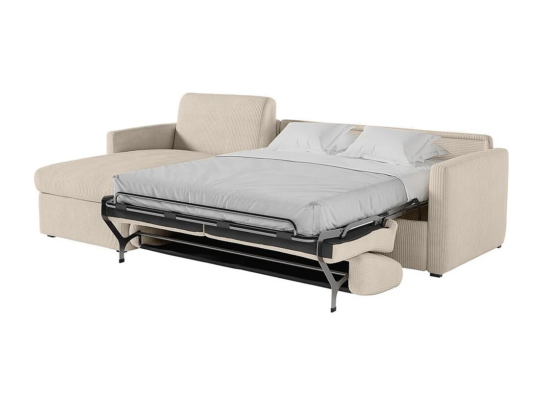 Canapé d'angle convertible express 4 places AGATHE couchage quotidien 140x190cm en velours côtelé beige - Matelas 13cm