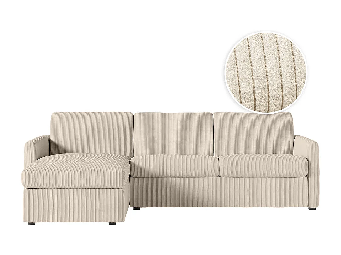Canapé d'angle convertible express 4 places AGATHE couchage quotidien 140x190cm en velours côtelé beige - Matelas 13cm