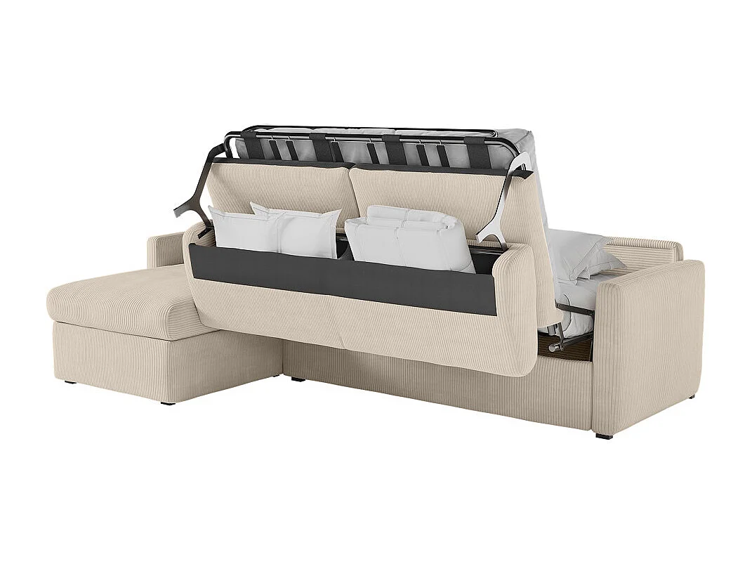 Canapé d'angle convertible express 4 places AGATHE couchage quotidien 140x190cm en velours côtelé beige - Matelas 13cm