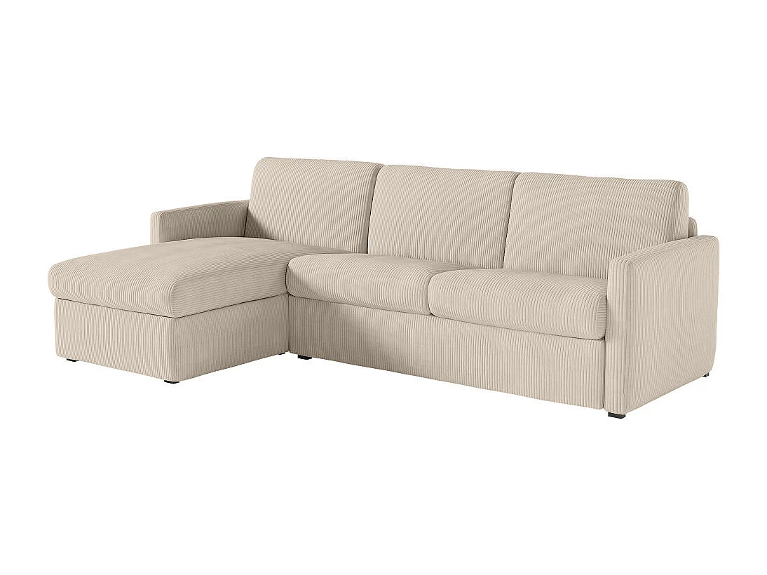 Canapé d'angle convertible express 4 places AGATHE couchage quotidien 140x190cm en velours côtelé beige - Matelas 13cm