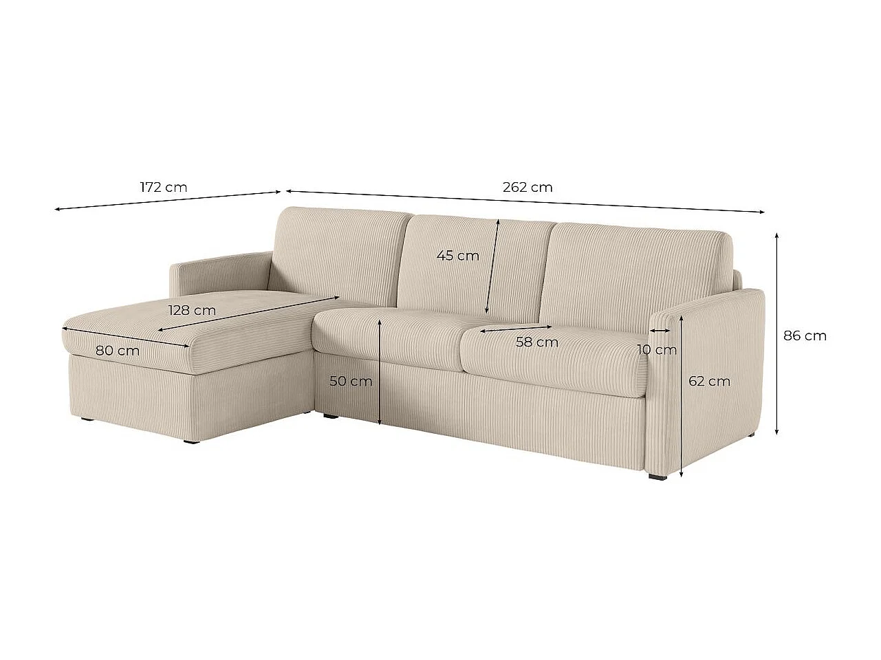 Canapé d'angle convertible express 4 places AGATHE couchage quotidien 140x190cm en velours côtelé beige - Matelas 13cm