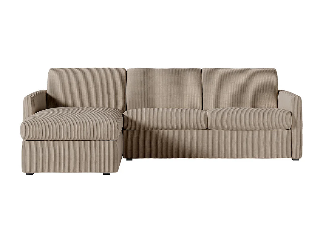 Canapé d'angle convertible express 4 places AGATHE couchage quotidien 140x190cm en velours côtelé taupe - Matelas 13cm