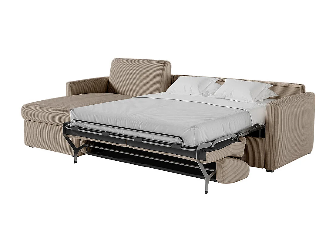 Canapé d'angle convertible express 4 places AGATHE couchage quotidien 140x190cm en velours côtelé taupe - Matelas 13cm