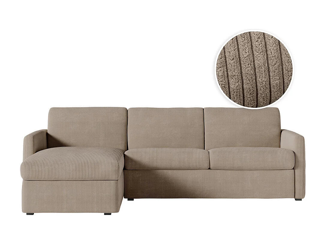Canapé d'angle convertible express 4 places AGATHE couchage quotidien 140x190cm en velours côtelé taupe - Matelas 13cm