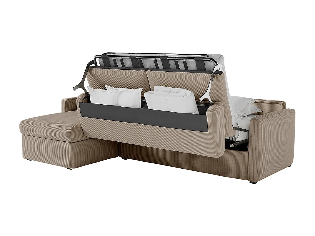 Canapé d'angle convertible express 4 places AGATHE couchage quotidien 140x190cm en velours côtelé taupe - Matelas 13cm