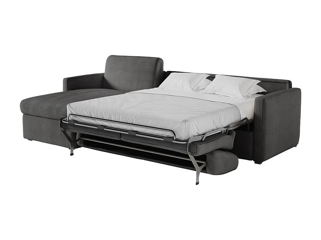 Canapé d'angle convertible express 4 places AGATHE couchage quotidien 140x190cm en velours côtelé Gris anthracite - Matelas 13cm