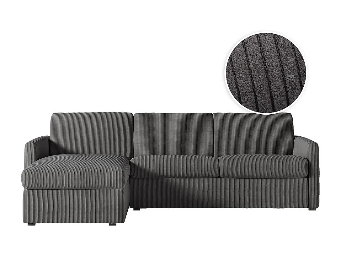 Canapé d'angle convertible express 4 places AGATHE couchage quotidien 140x190cm en velours côtelé Gris anthracite - Matelas 13cm