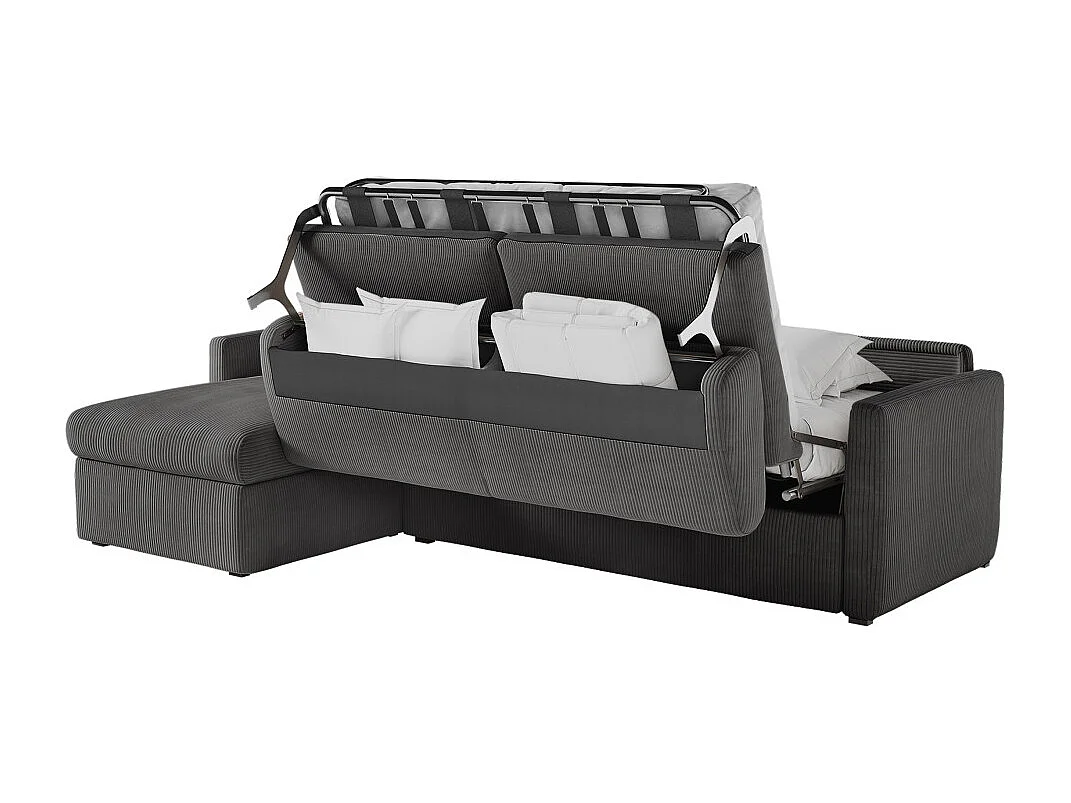 Canapé d'angle convertible express 4 places AGATHE couchage quotidien 140x190cm en velours côtelé Gris anthracite - Matelas 13cm