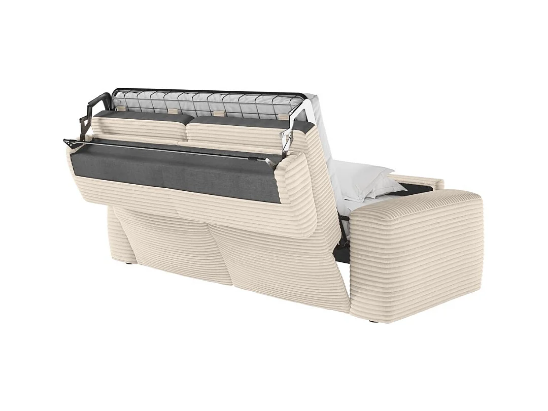 Canapé PACO convertible 3 places couchage quotidien 140x190cm matelas 17cm velours côtelé beige