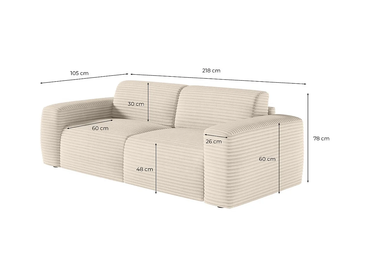 Canapé PACO convertible 3 places couchage quotidien 140x190cm matelas 17cm velours côtelé beige