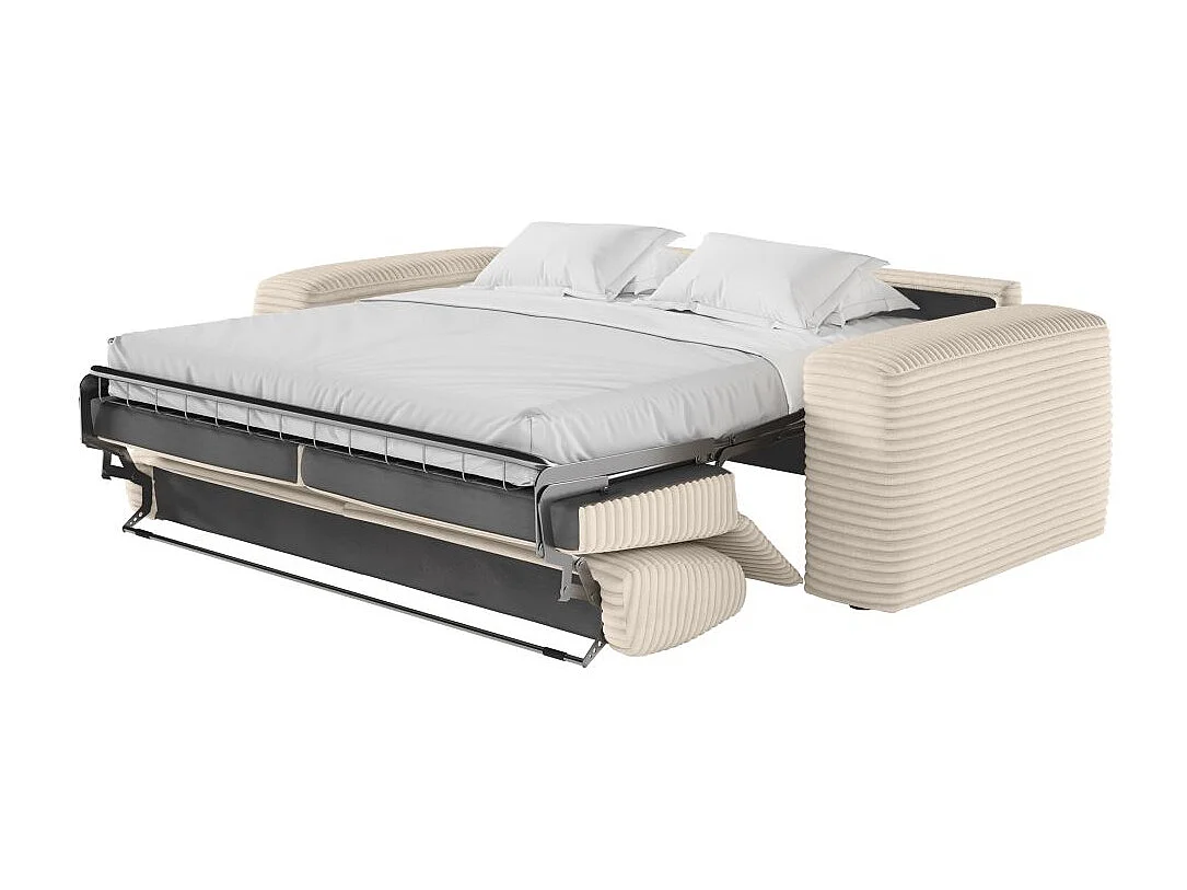 Canapé PACO convertible 3 places couchage quotidien 140x190cm matelas 17cm velours côtelé beige