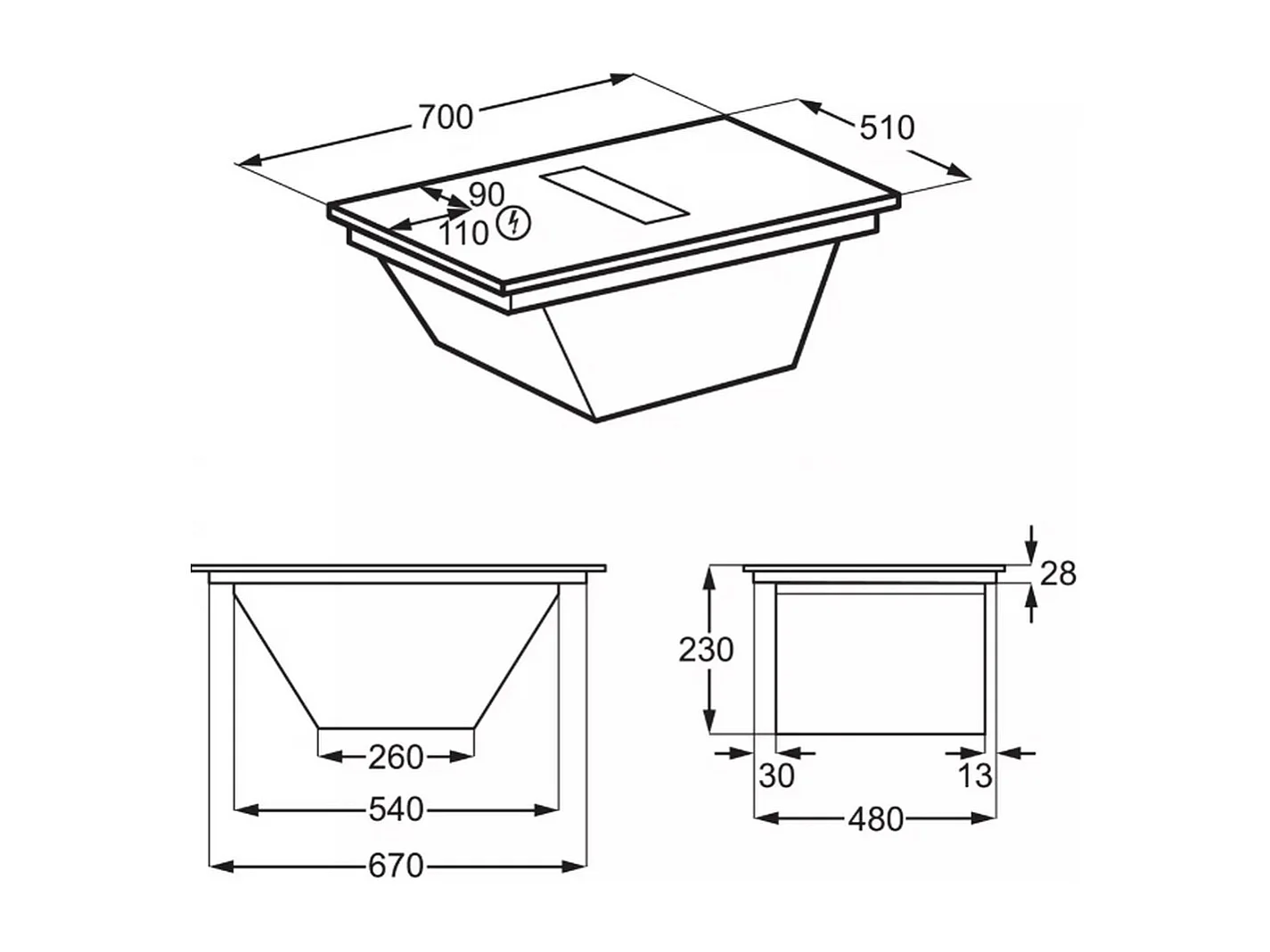 Electrolux Table de cuisson aspirante induction 70cm 4feux 7350kw noir - KCC73443CZ