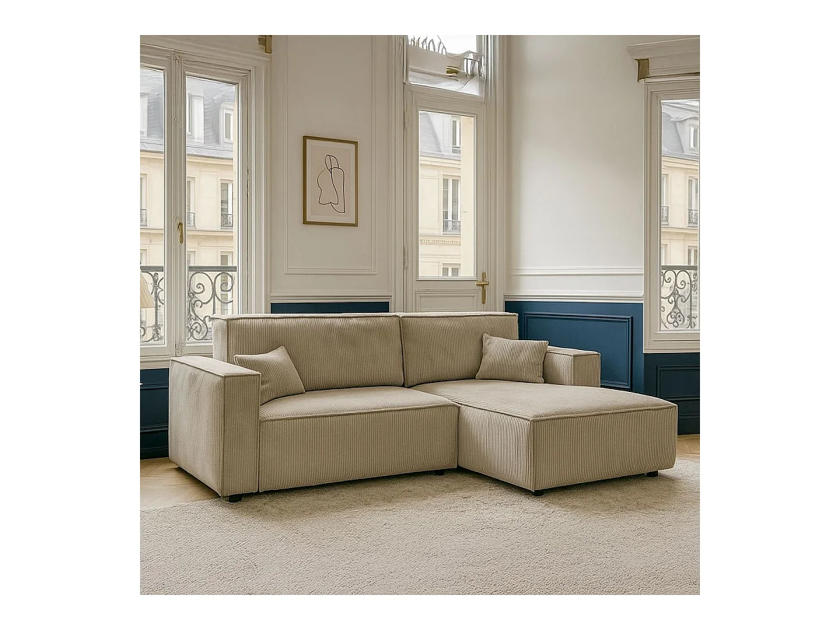 Canapé d'angle à droite convertible 3 places en velours côtelé taupe - Asti