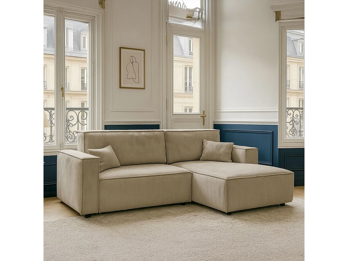 Canapé d'angle à droite convertible 3 places en velours côtelé taupe - Asti