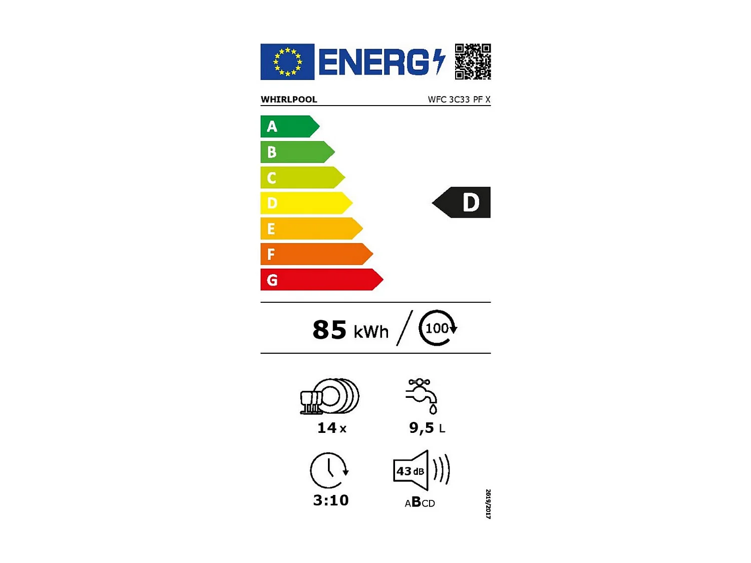 Lavavajillas Whirpool WFC3C33PF 14 servicios 8 programas D blanco 60 cm