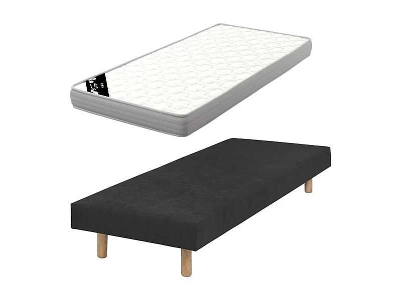 Pack sommier tapissier avec matelas 70x190 cm bois massif noir HABBY