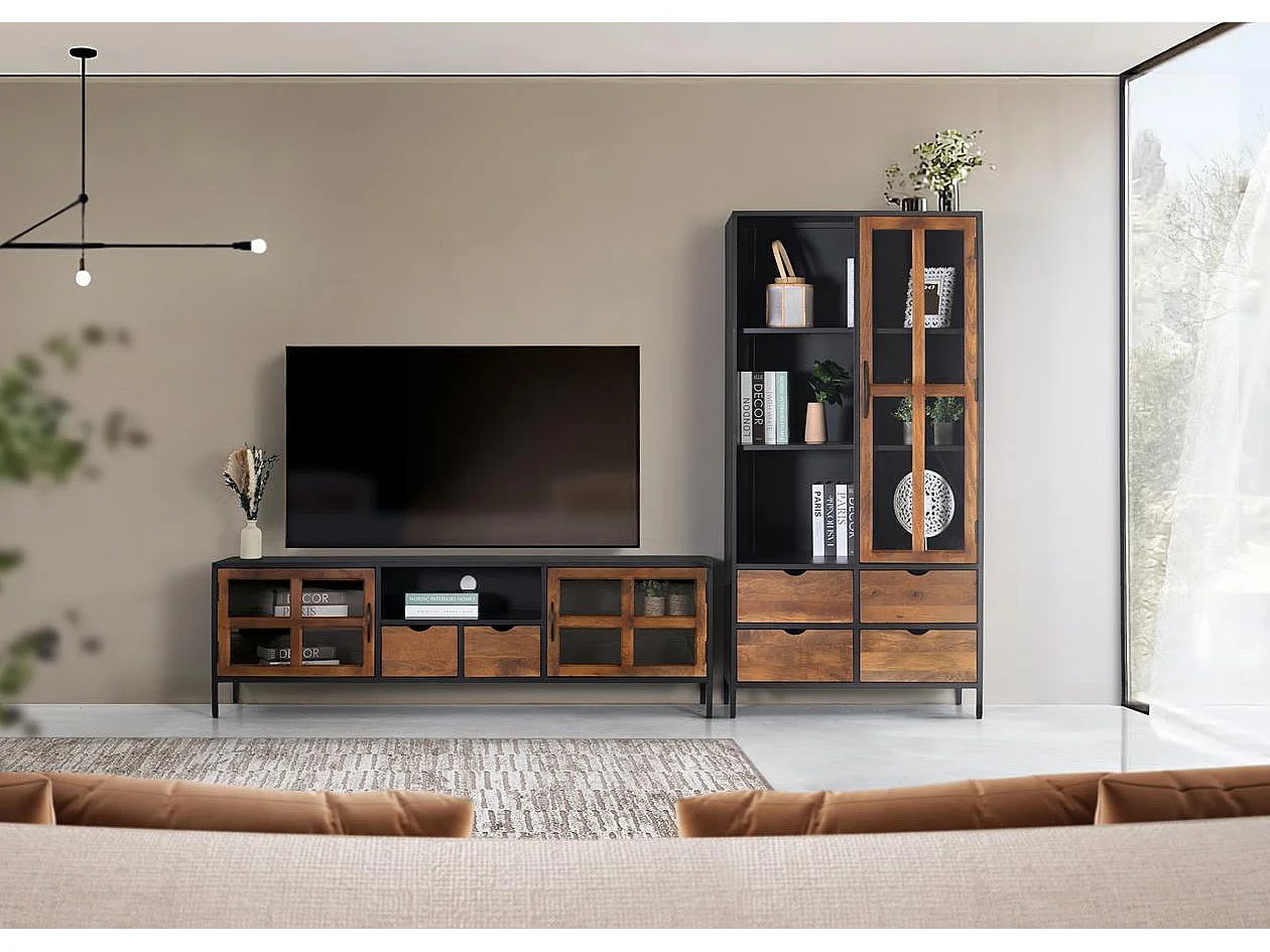 Meuble TV avec 2 portes et 2 tiroirs en verre fait main