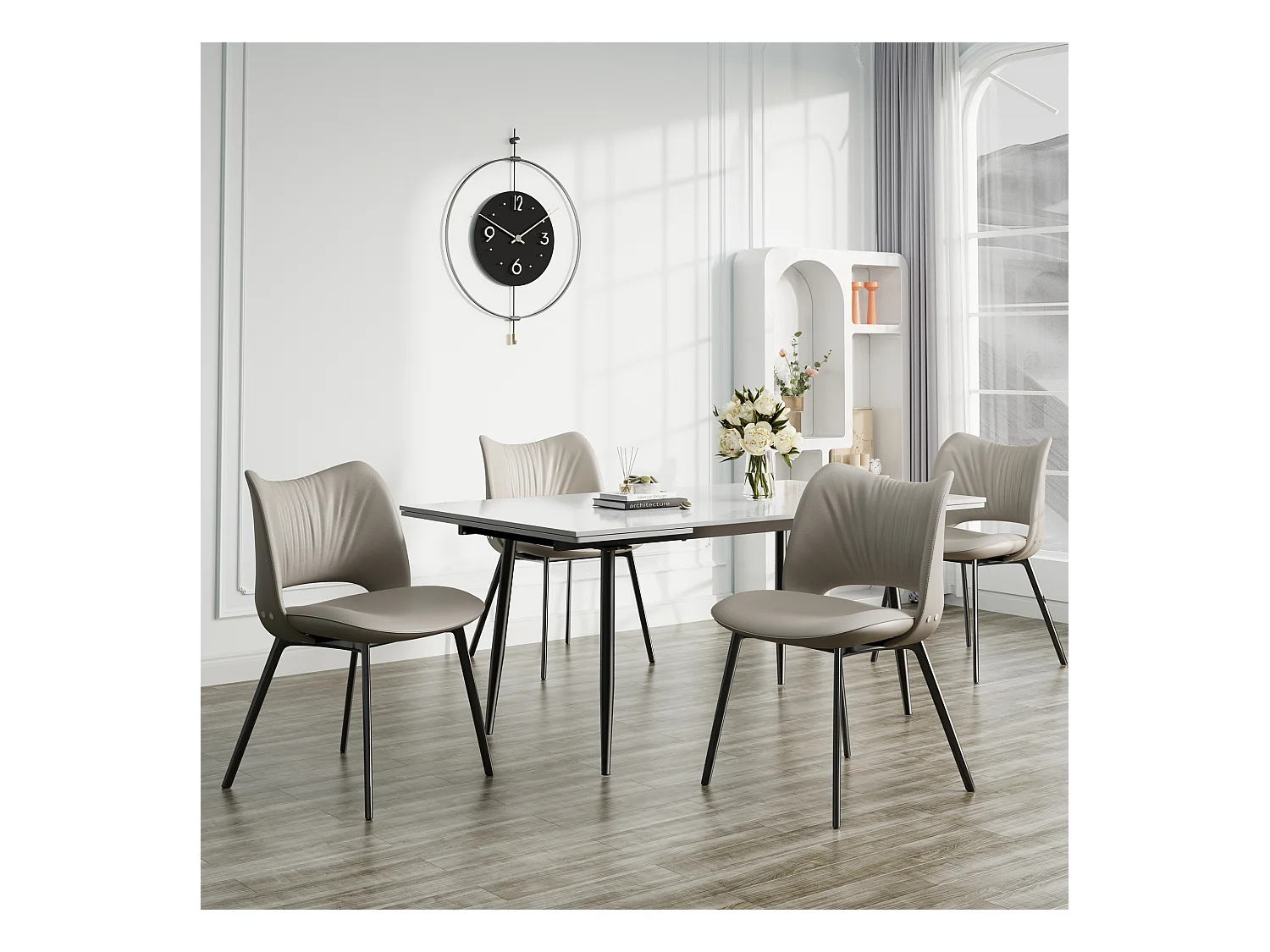 Set de 4 chaises de salle à manger en simili cuir Mid-Century, avec coussin doux et pieds en métal, idéales pour le salon et la salle à manger, couleur sable (4)
