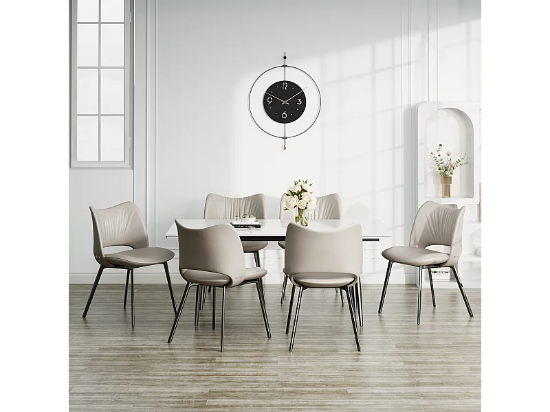 Set van 6 eetkamerstoelen in Mid-Century stijl van kunstleer, met zacht kussen en metalen poten, ideaal voor de woon- en eetkamer, zandkleur (6)