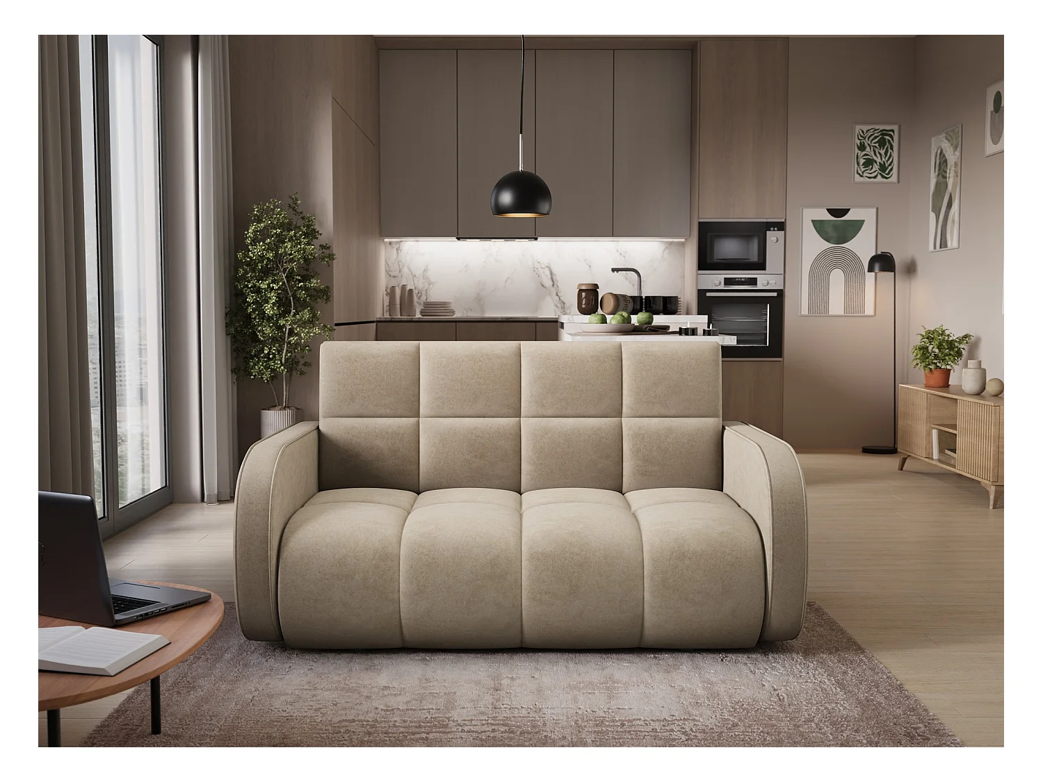 Canapé convertible tissu DENVERS – Avec coffre de rangement-Beige