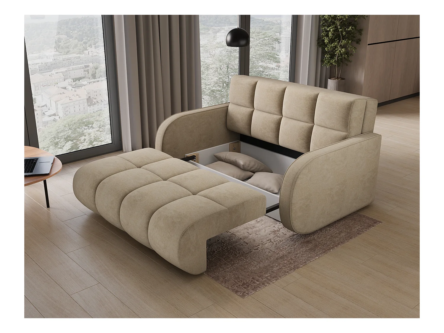 Canapé convertible tissu DENVERS – Avec coffre de rangement-Beige