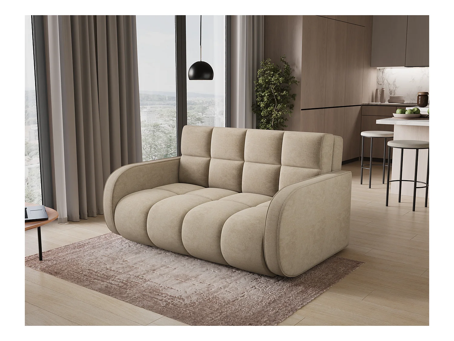 Canapé convertible tissu DENVERS – Avec coffre de rangement-Beige