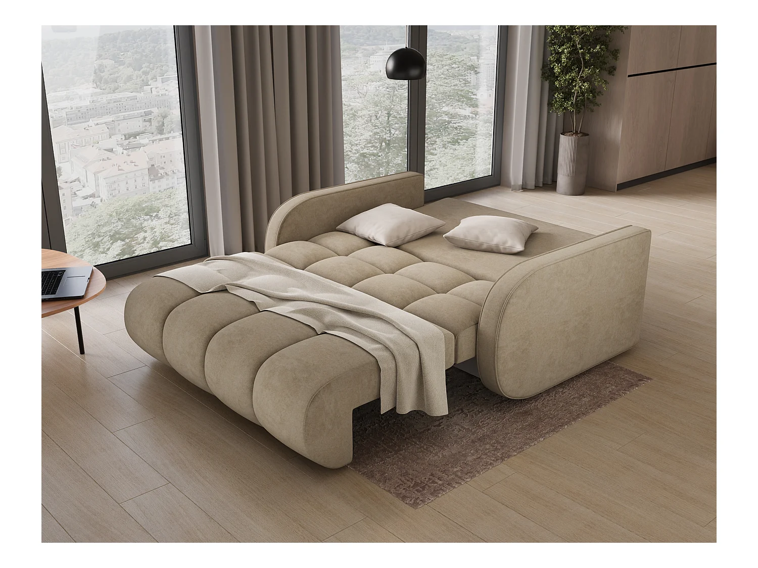 Canapé convertible tissu DENVERS – Avec coffre de rangement-Beige