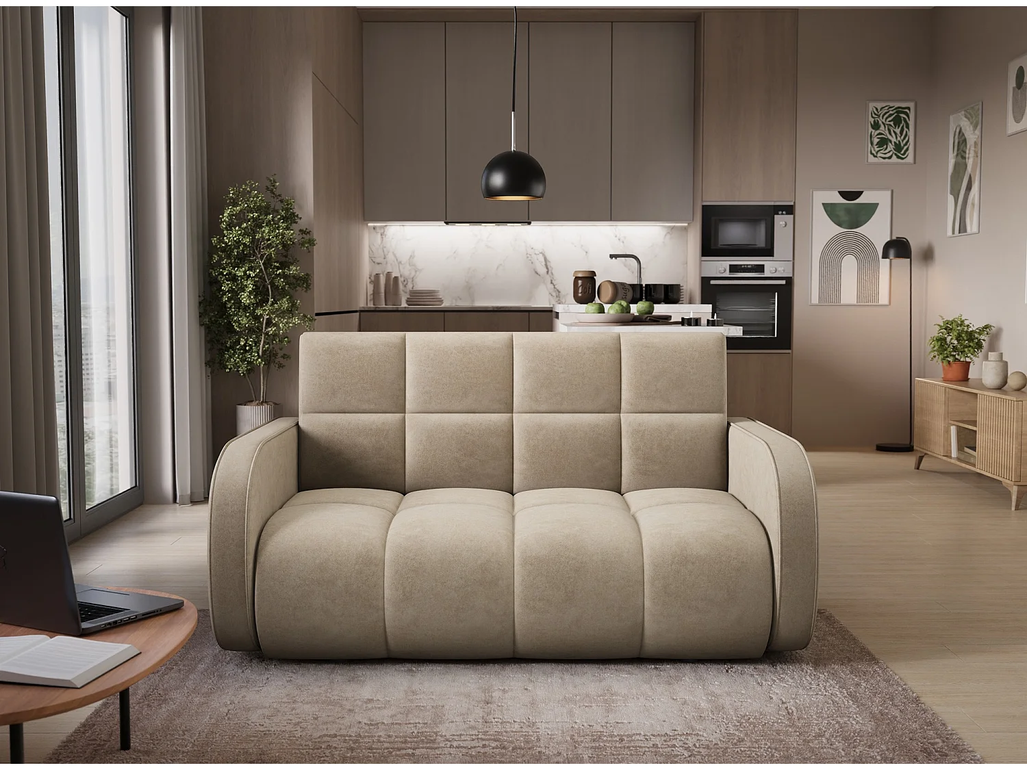 Canapé convertible 3 places avec coffre en tissu beige DENVERS