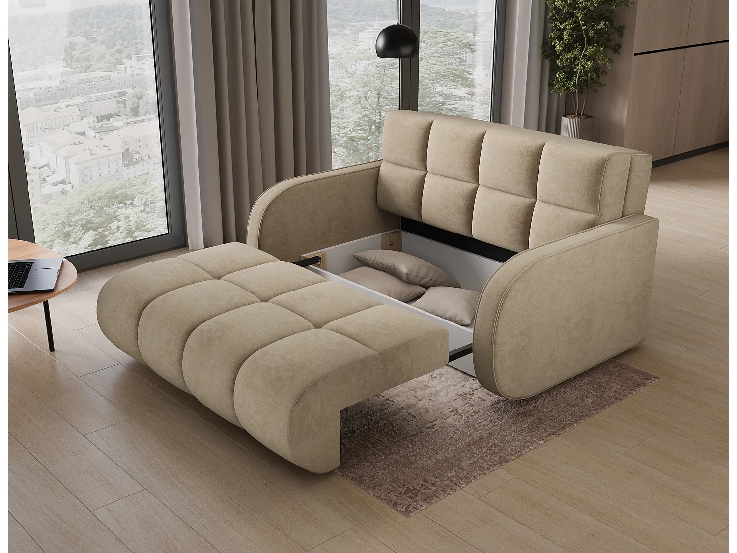 Canapé convertible 3 places avec coffre en tissu beige DENVERS