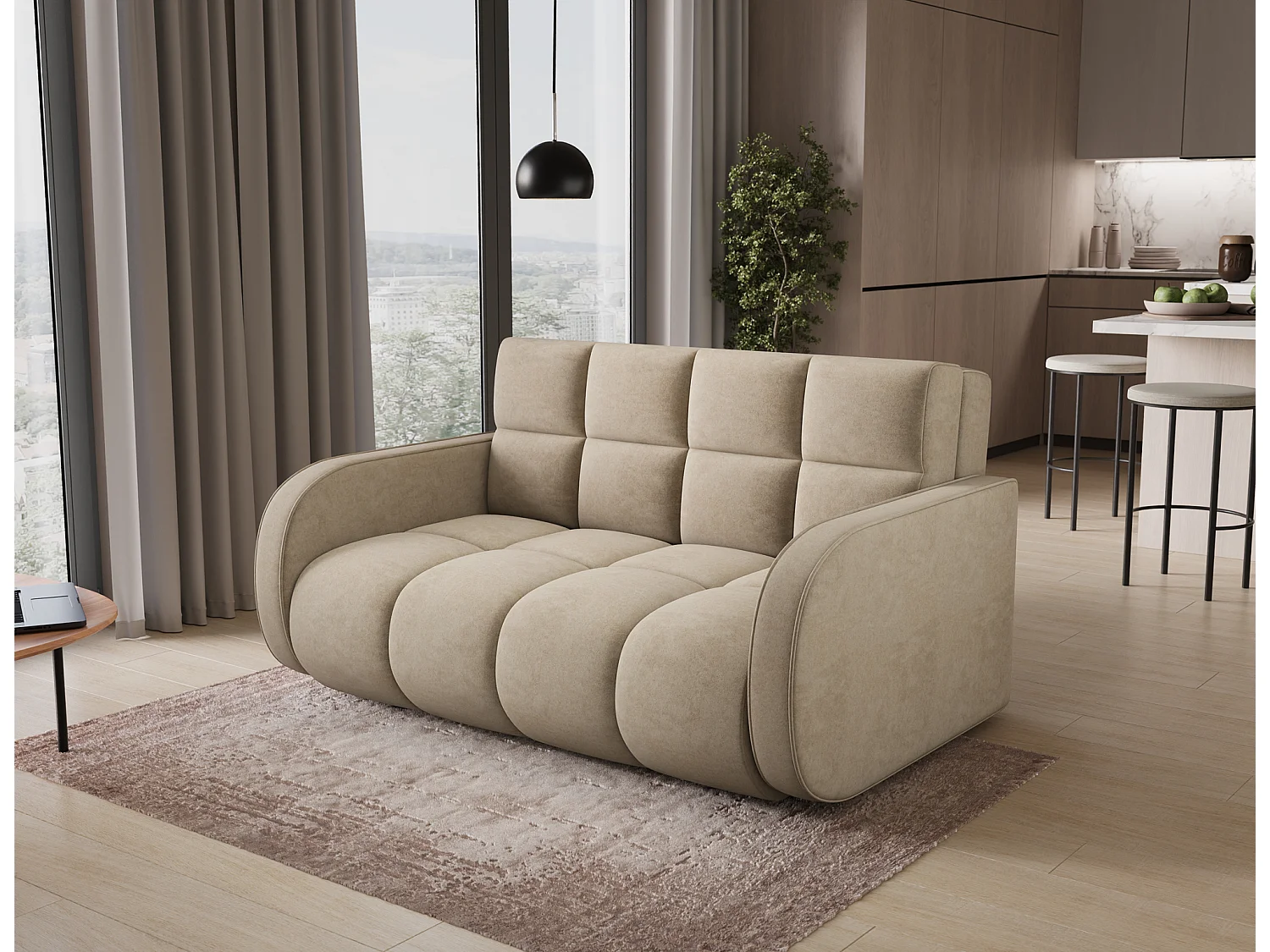 Canapé convertible 3 places avec coffre en tissu beige DENVERS